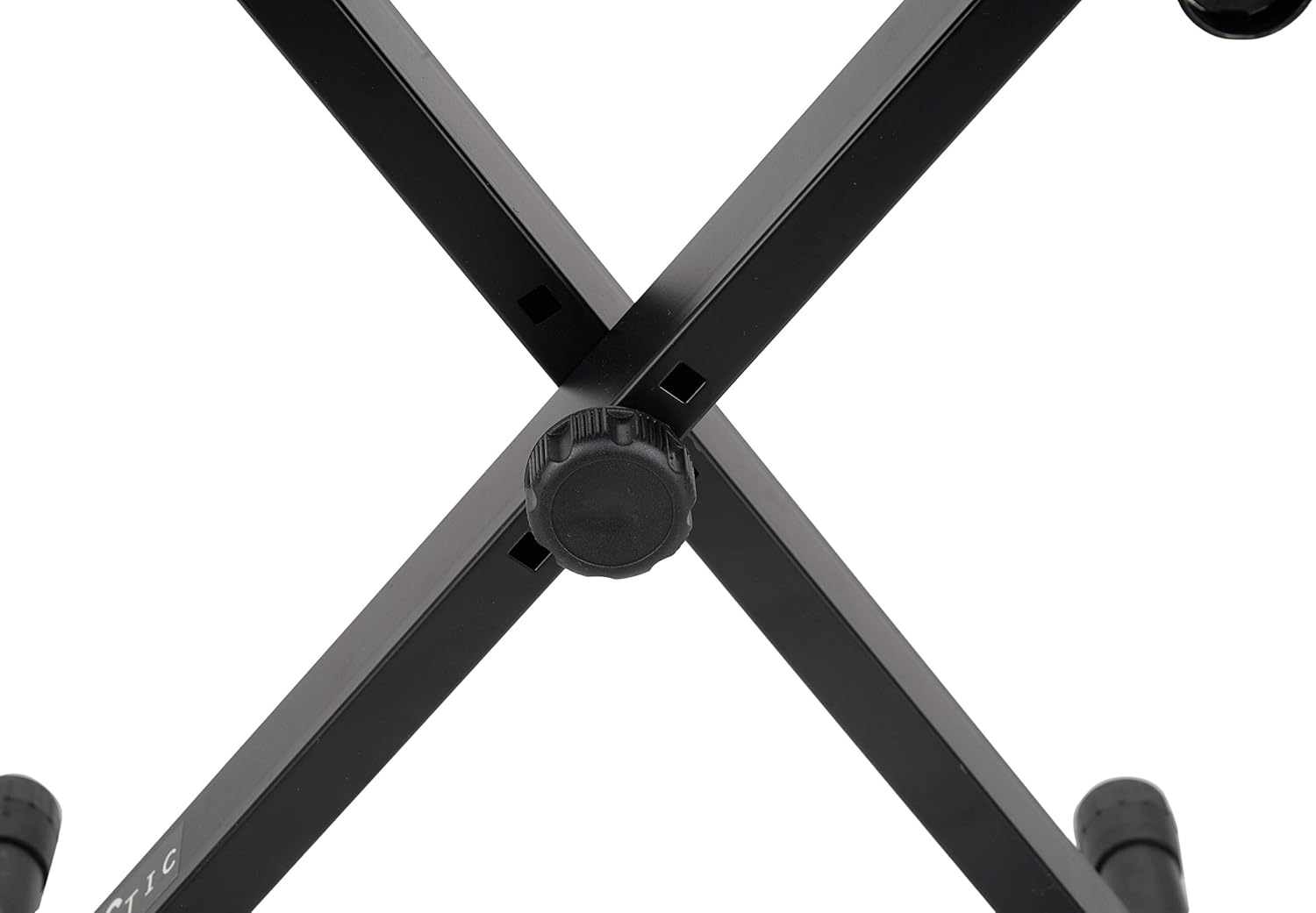 Close-up of black heavy-duty X-style adjustable keyboard stand with locking knob and sturdy metal construction.