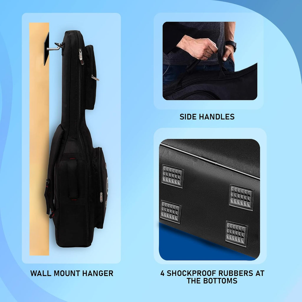 Guitar case with wall mount hanger and shockproof rubbers features on a blue background