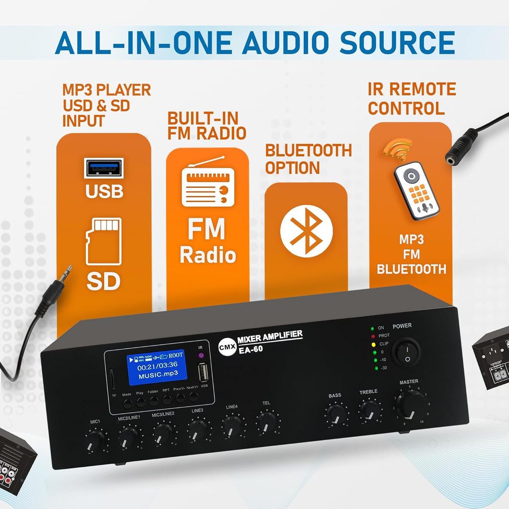 60W Compact Mixer Amplifier with USB/SD/FM/Bluetooth | EA-60