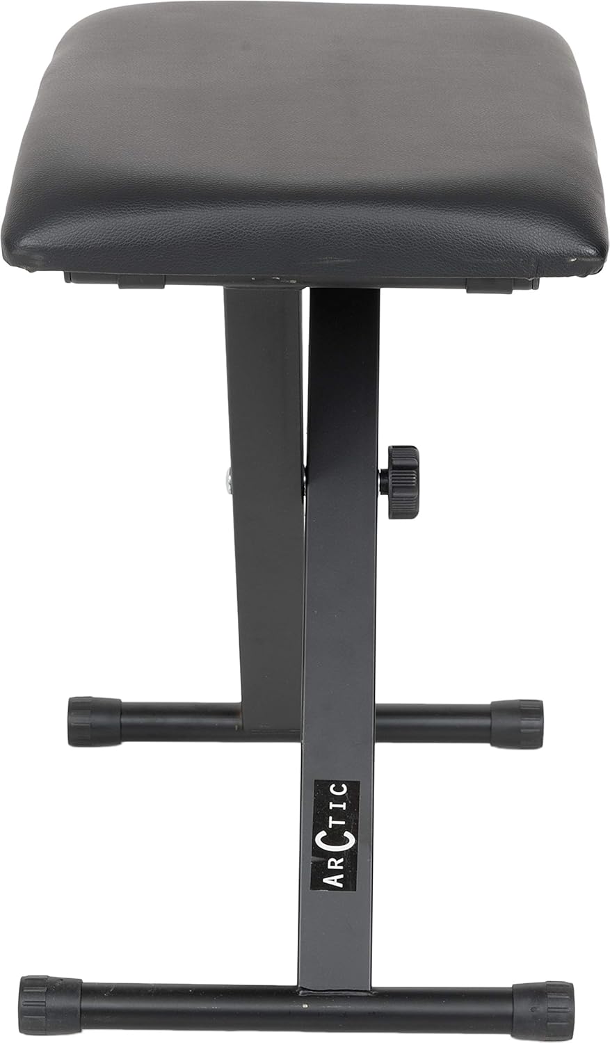 Black padded adjustable keyboard bench with sturdy steel X-style frame and height adjustment knob.
