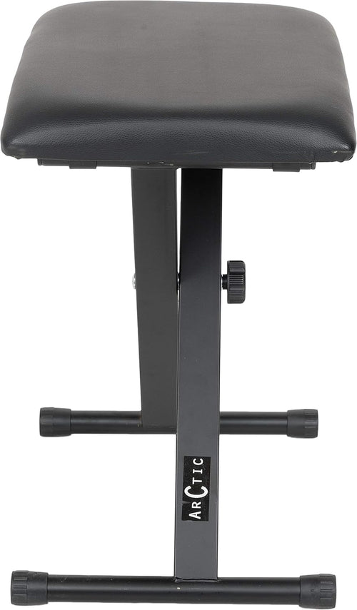 Black padded adjustable keyboard bench with sturdy steel X-style frame and height adjustment knob.