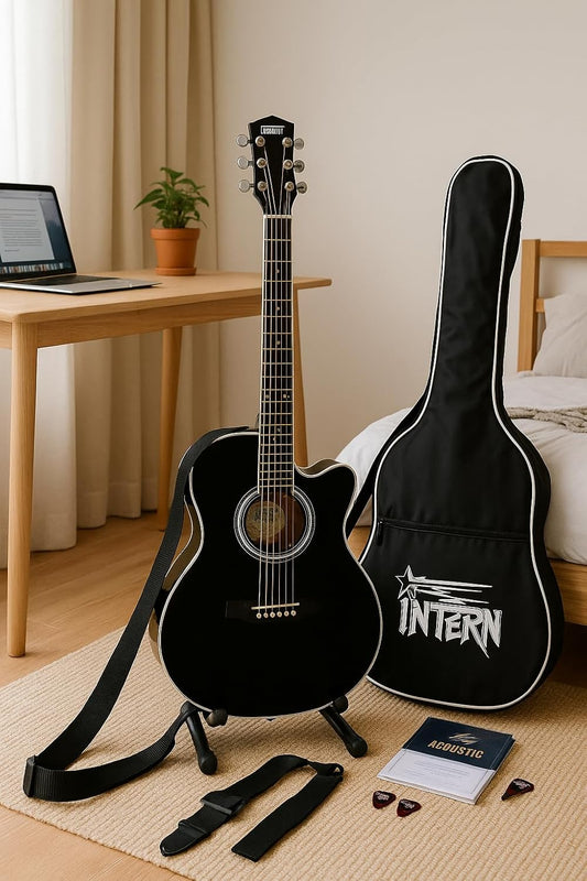 INTERN 40" Electric Acoustic Black Guitar With EQ, Set Of Strings, Strap, Picks And Bag