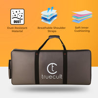 Gray duffel bag with Truecult logo on an orange background with product features listed.