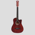 Acoustic guitar with case, picks, and a strap on a white background