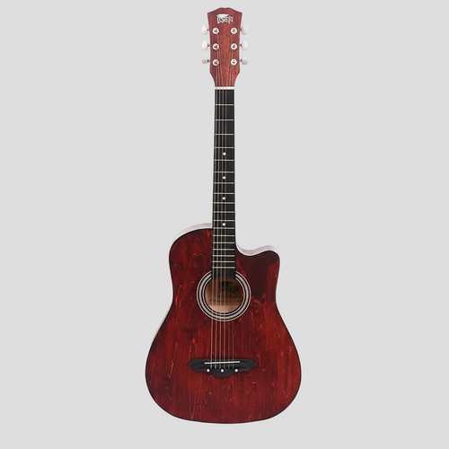 Acoustic guitar with case, picks, and a strap on a white background
