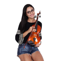 Woman holding a violin on a white background