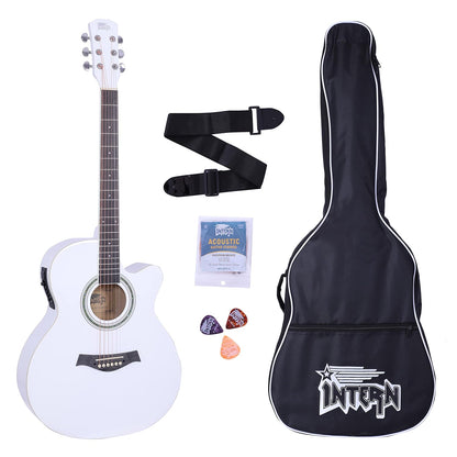 INTERN 40" Electric Acoustic White Guitar With EQ, Set Of Strings, Strap, Picks And Bag