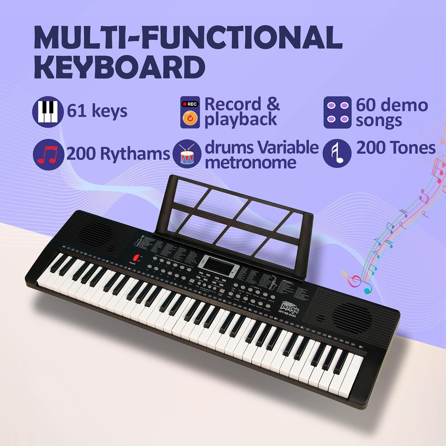 Intern 61-Keys Portable Piano Keyboard – Touch Response, 200 Rhythms & Tones
