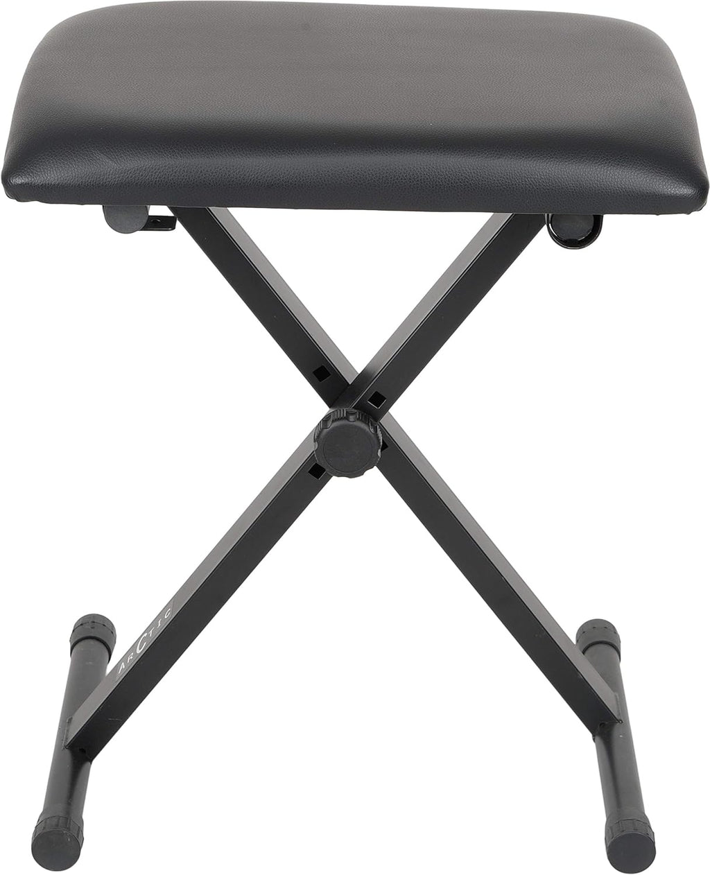 Black padded adjustable X-style keyboard bench with steel frame and rubber feet.