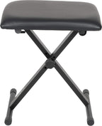 Black padded adjustable X-style keyboard bench with steel frame and rubber feet.