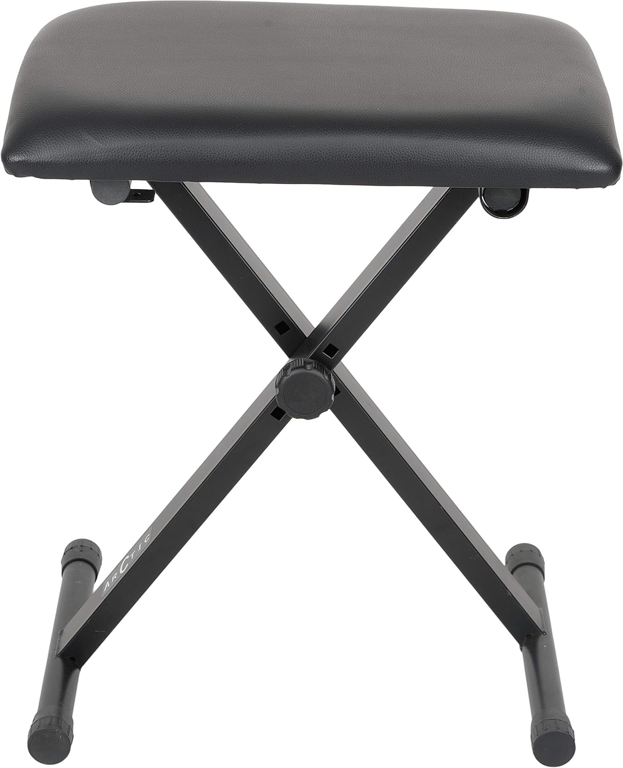 Black padded adjustable X-style keyboard bench with steel frame and rubber feet.
