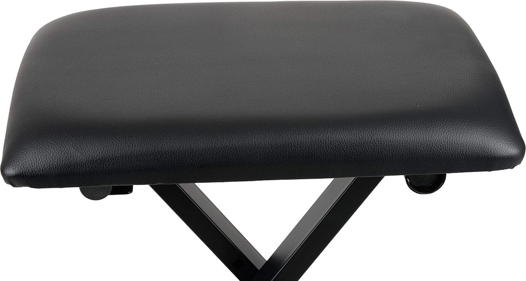 Black padded rectangular keyboard bench seat with X-style adjustable metal legs.