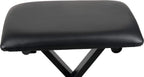 Black padded rectangular keyboard bench seat with X-style adjustable metal legs.