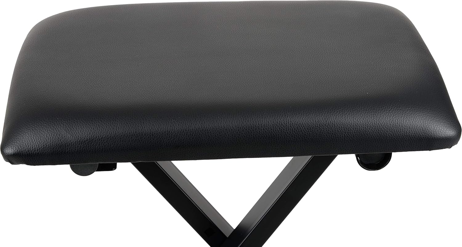 Black padded rectangular keyboard bench seat with X-style adjustable metal legs.