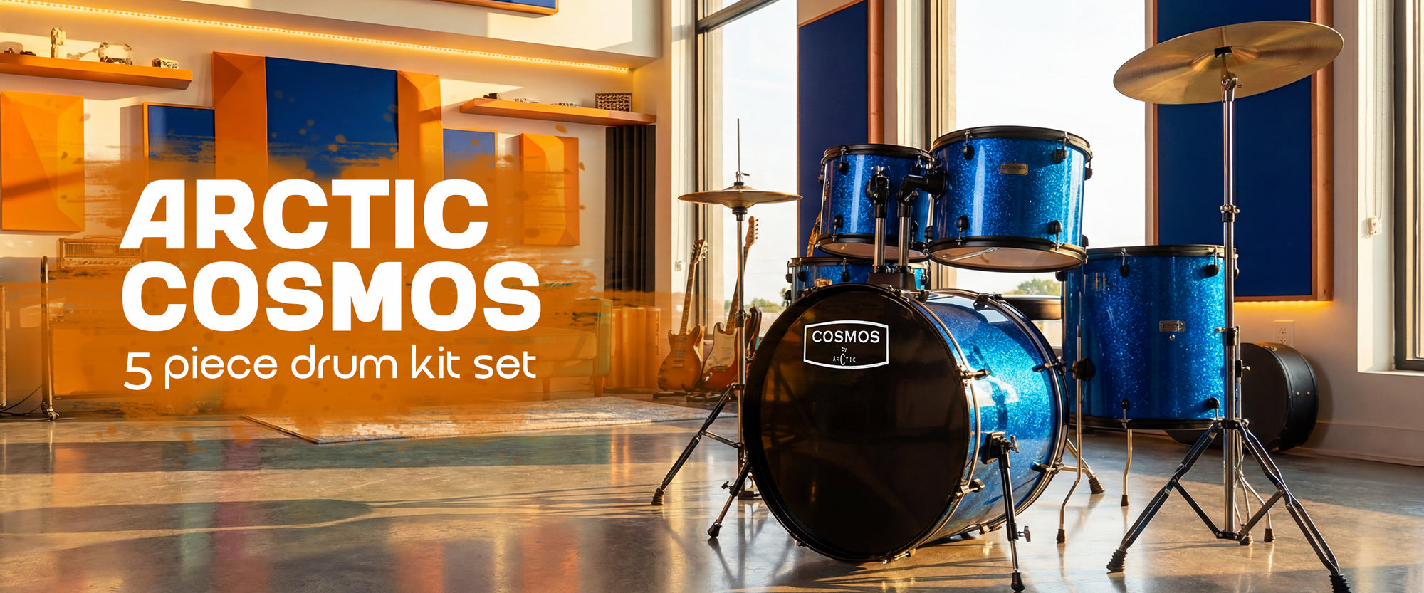 Main desktop banner shot of a 5-piece acoustic drum set in a striking glossy deep blue finish with chrome hardware and clear cymbal setups.