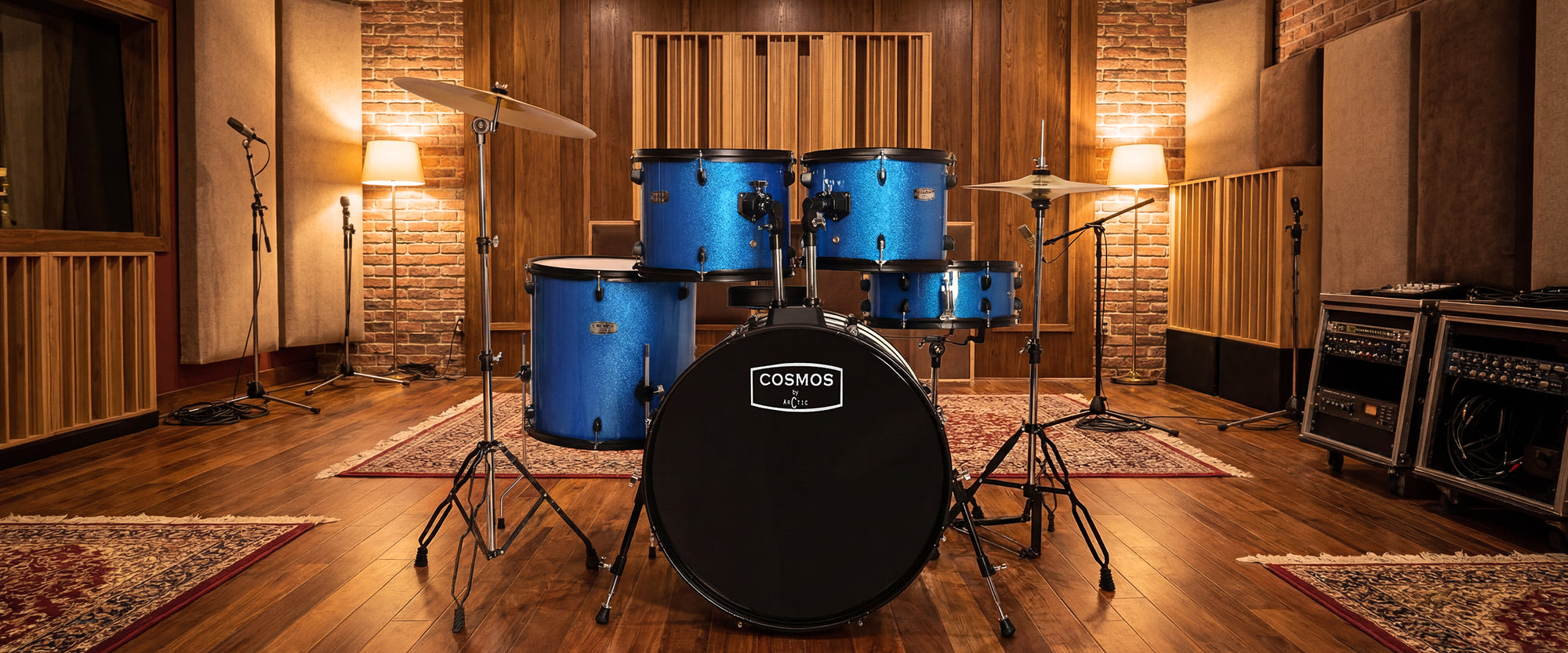 Side profile layout for desktop display of a deep blue acoustic drum kit, showcasing the sturdy double-braced stands, hi-hat pedal, and overall build quality.