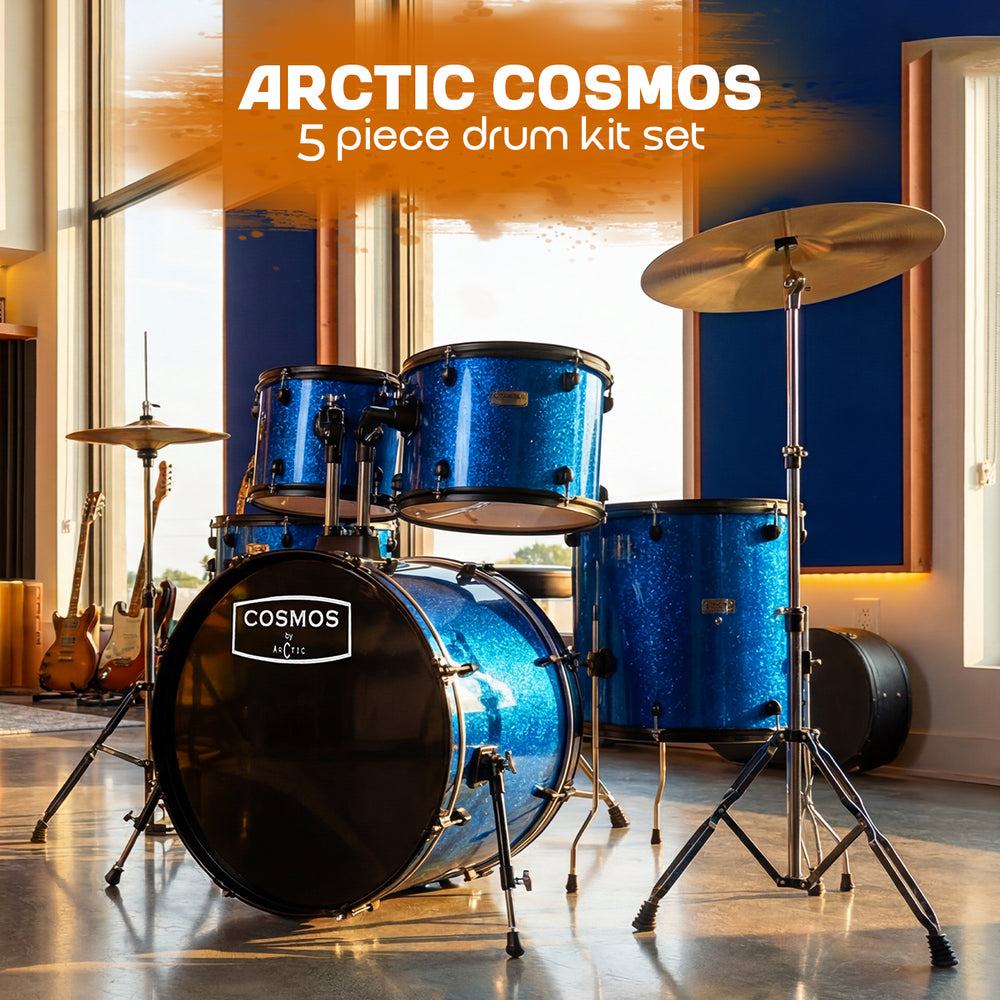 Full studio shot of a 5-piece acoustic drum set in a striking glossy deep blue finish with chrome hardware and clear cymbal setups.