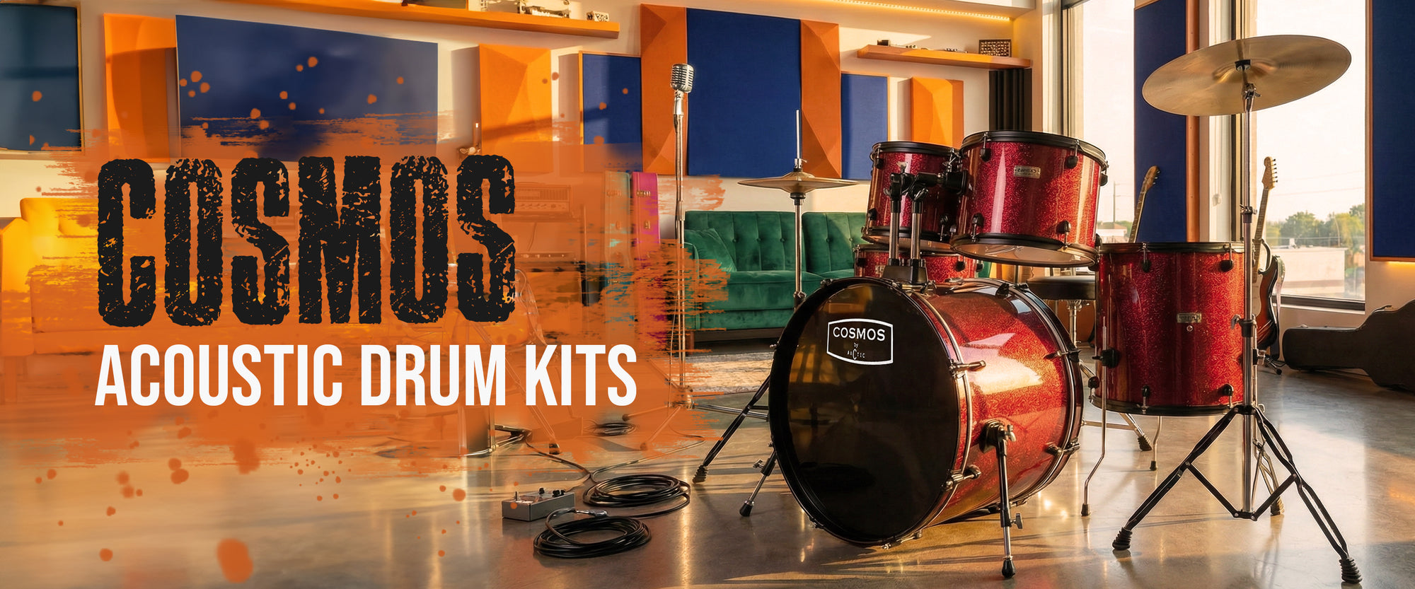 Full studio presentation desktop header of a 5-piece acoustic drum kit in a vibrant glossy red finish, complete with cymbals and chrome hardware.