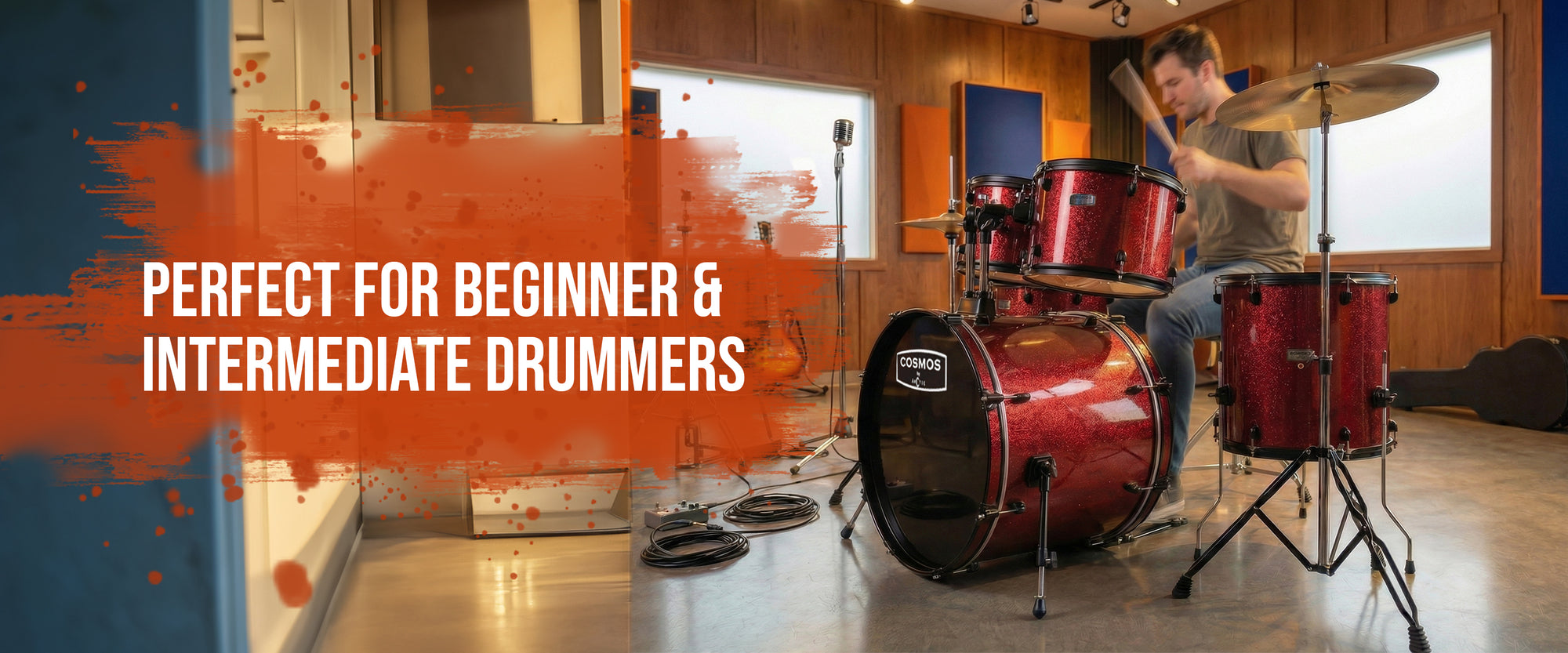 Side view banner layout of a red acoustic drum kit, highlighting the professional-grade hardware, cymbal stands, and shell depths.