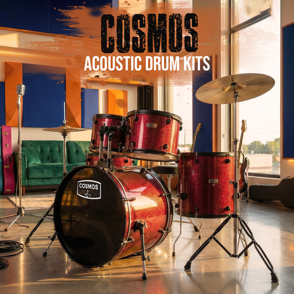 Full studio setup of a 5-piece acoustic drum kit in a vibrant glossy red finish, complete with cymbals and chrome hardware.