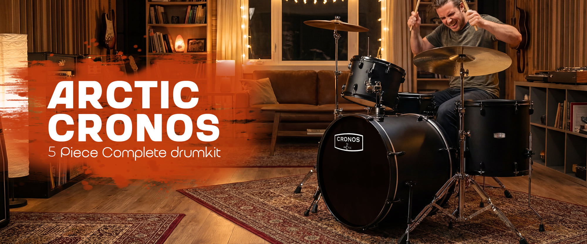 Full desktop banner setup of a CR-Series black acoustic drum set with a metallic/glossy black wrap, robust chrome hardware, and professional cymbals.