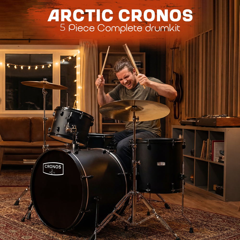 Full studio setup of a CR-Series black acoustic drum set with a metallic/glossy black wrap, robust chrome hardware, and professional cymbals.