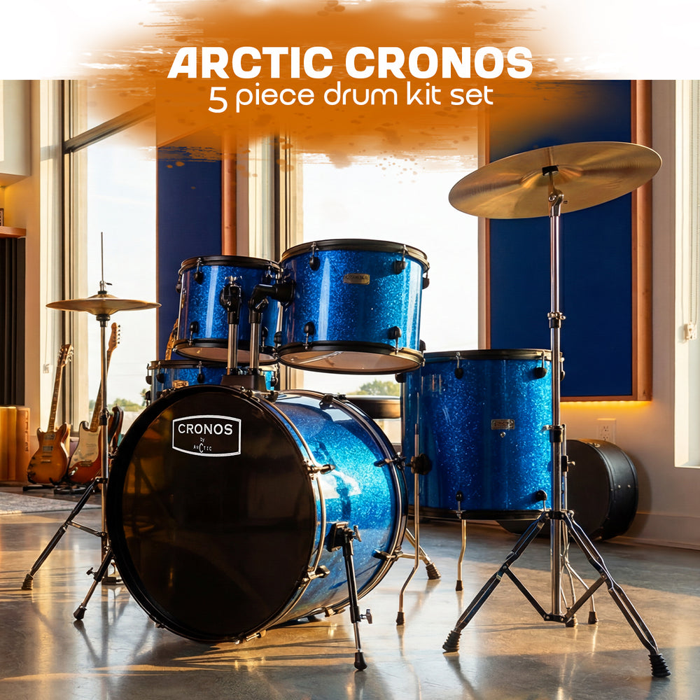 Full studio shot of a CR-Series 5-piece acoustic drum set in a metallic blue wrap finish, complete with cymbals and chrome hardware.