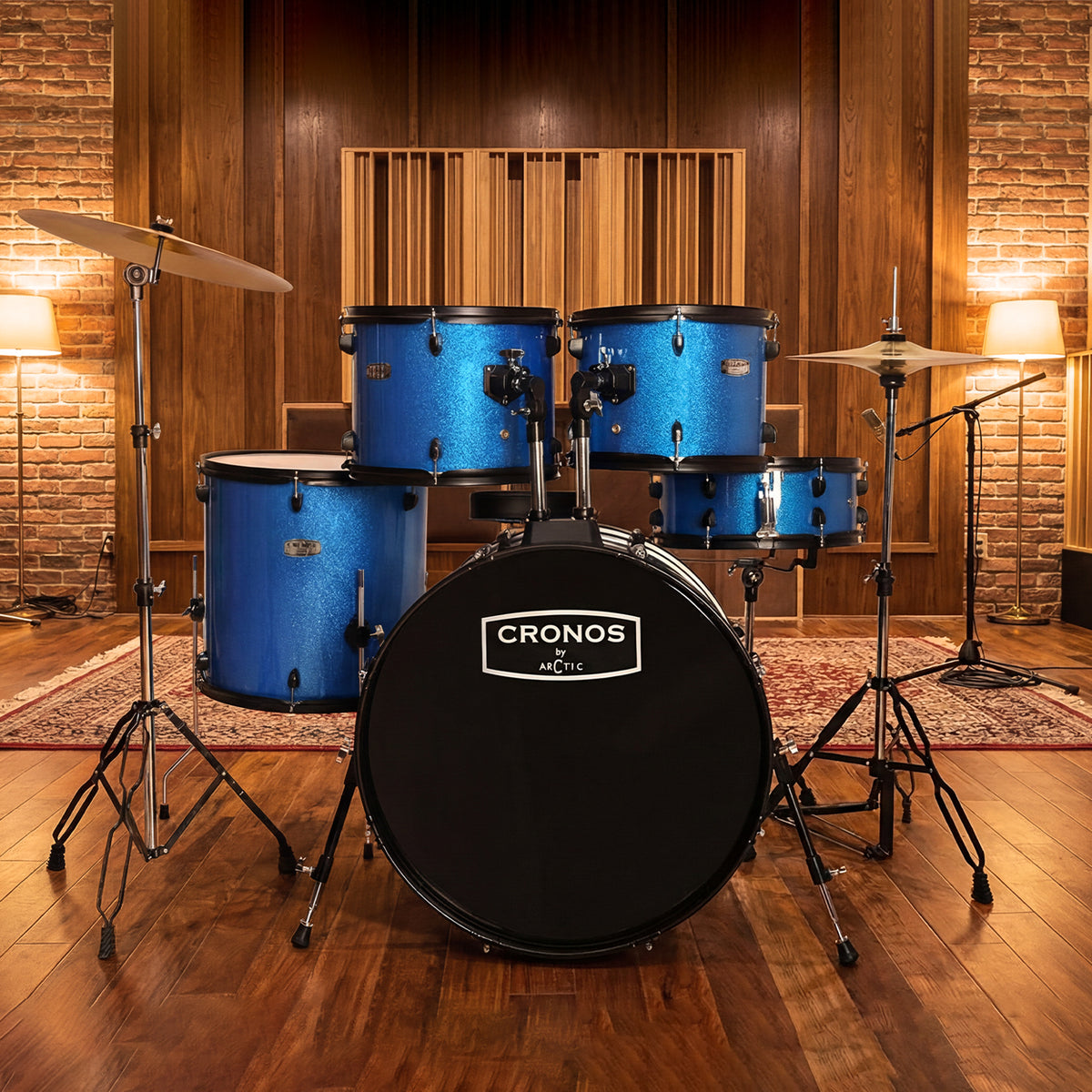Side profile of a blue acoustic drum set, emphasizing the heavy-duty hardware stands and drum configuration.