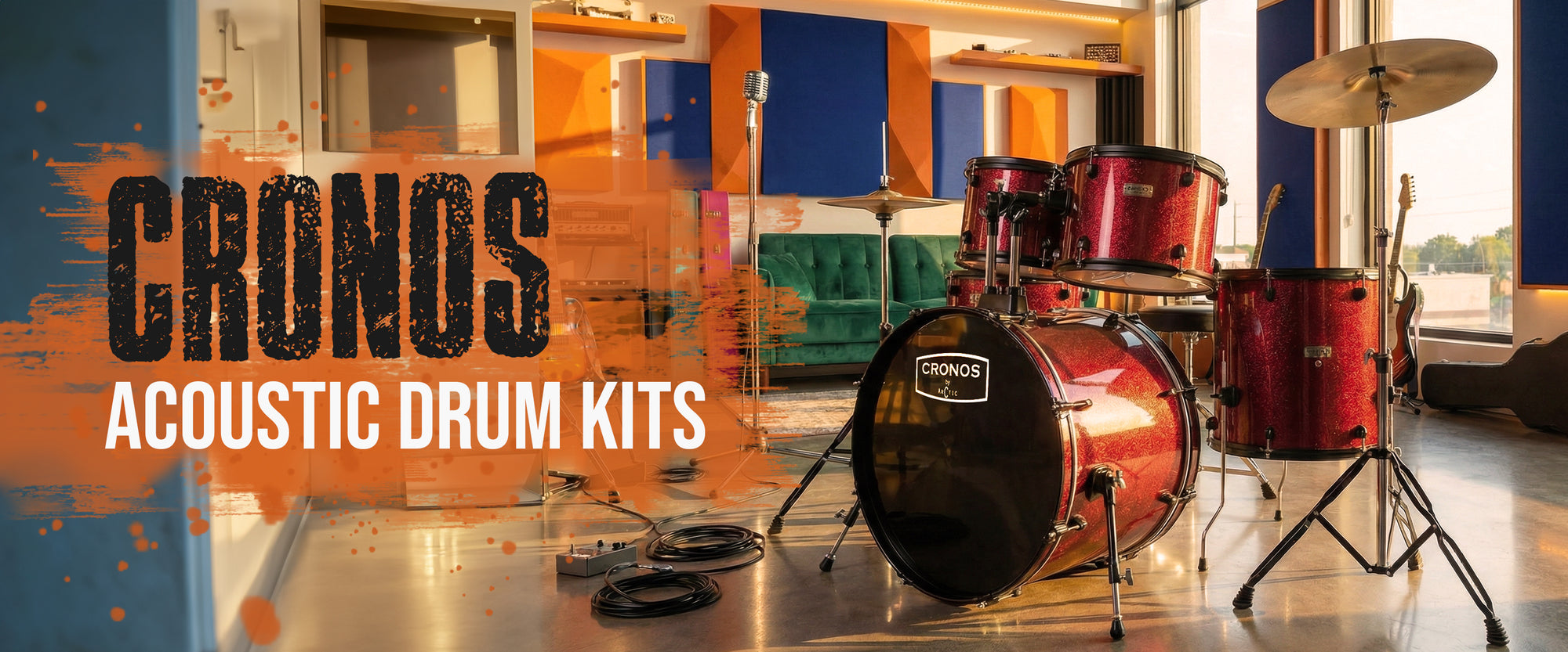Main desktop product page setup of a CR-Series acoustic drum kit featuring a brilliant metallic red wrap, chrome hardware, and standard cymbal configurations.