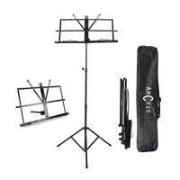 Black music stand with carrying bag on a white background