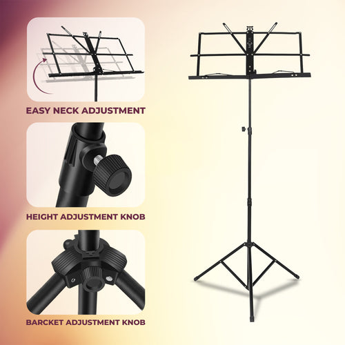 Black adjustable music stand with features highlighted on a gradient background