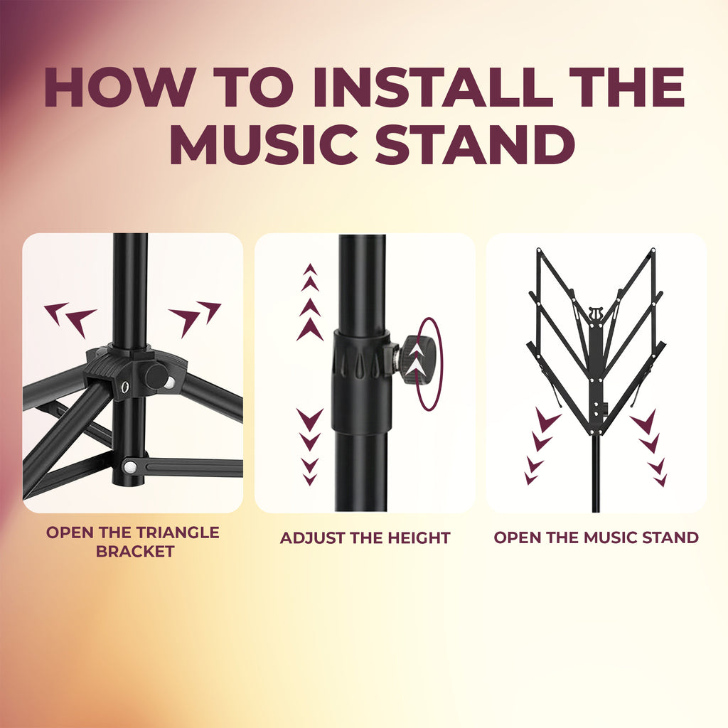 Step-by-step guide on how to install a music stand with illustrations and text.