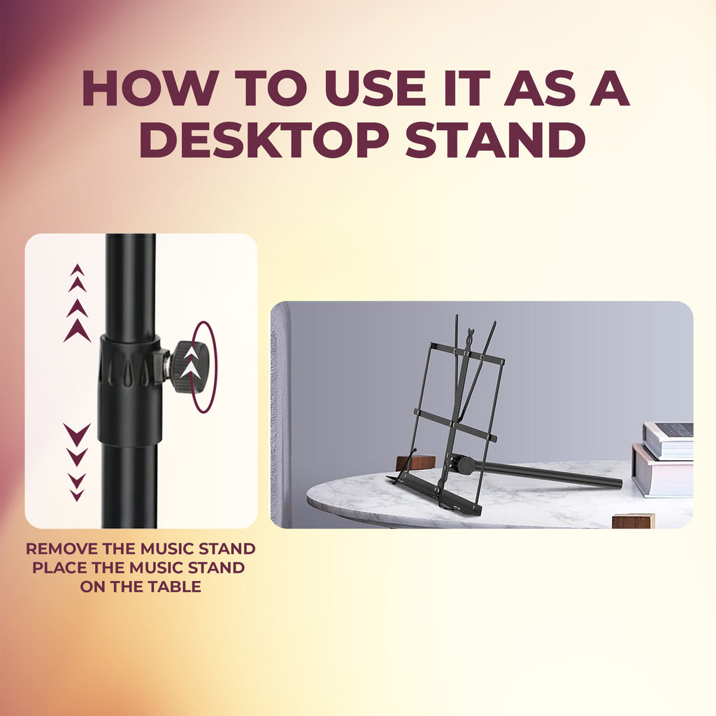 Instructions on how to use a music stand as a desktop stand with text and images.