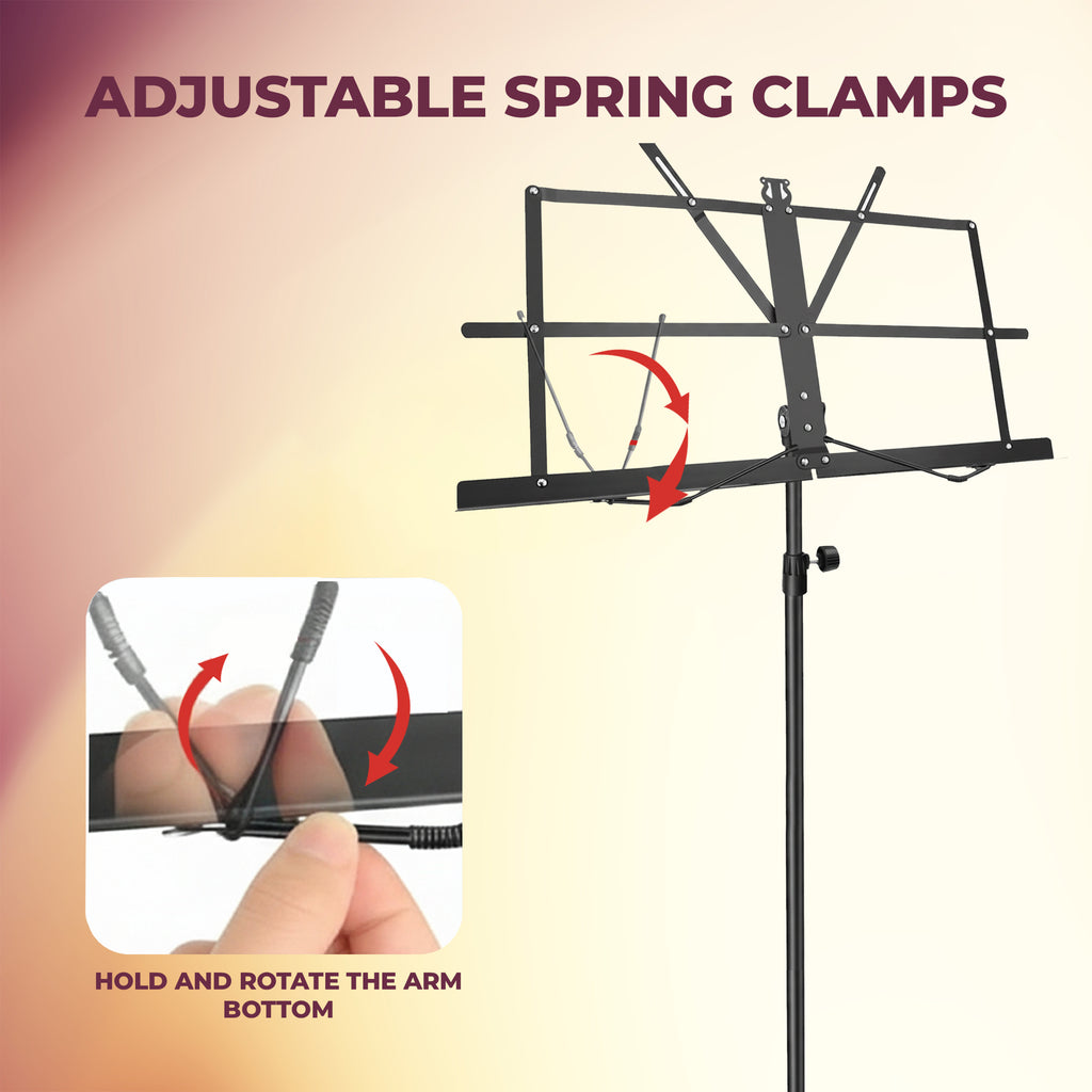 Adjustable spring clamps on a music stand with instructional inset.