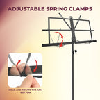 Adjustable spring clamps on a music stand with instructional inset.