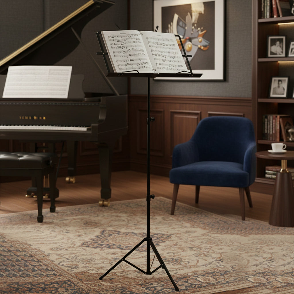 Music stand with sheet music in front of a piano in a room with a chair and books.