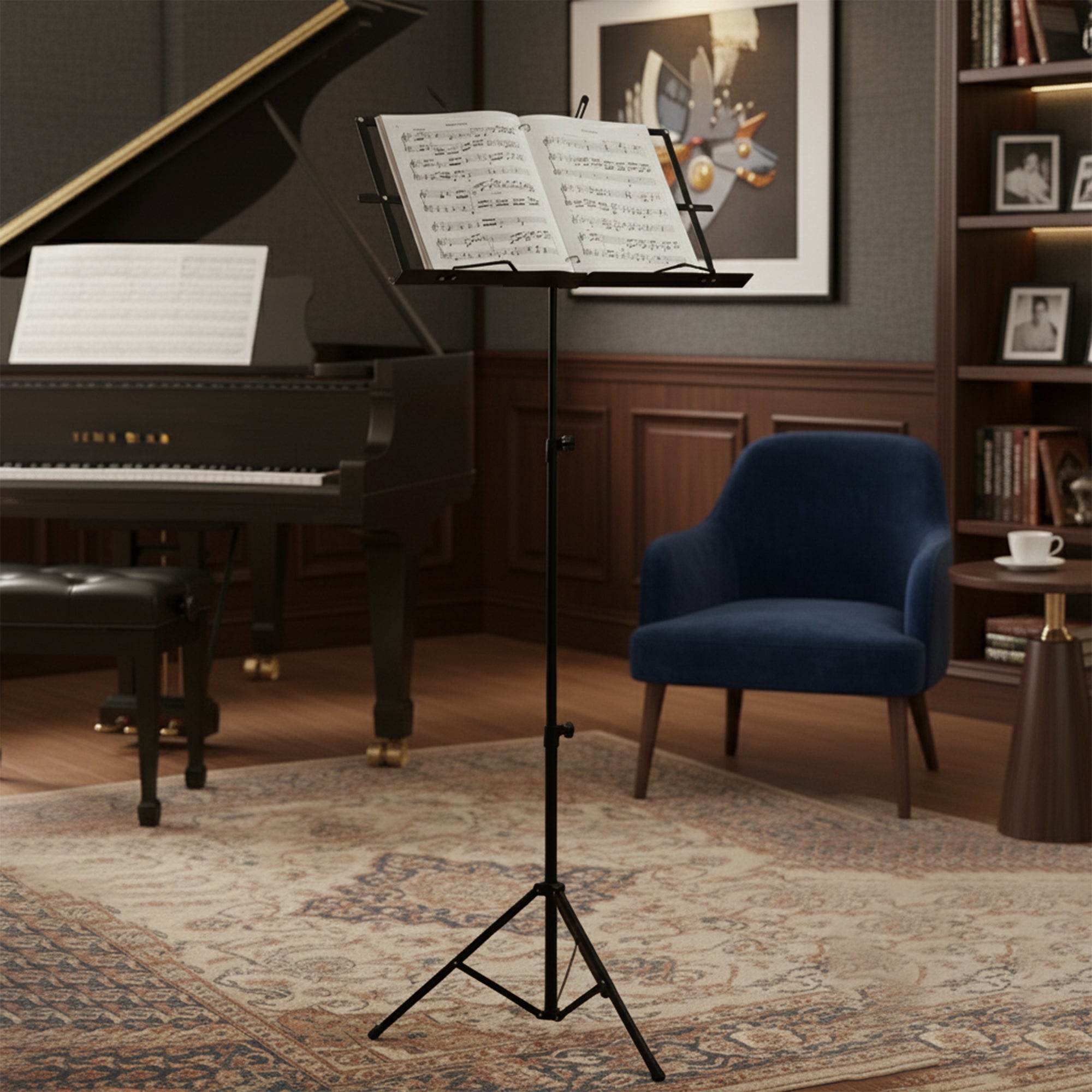 Music stand with sheet music in front of a piano in a room with a chair and books.
