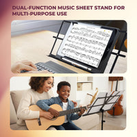 Music sheet stand with tablet on top, used by a person and a child playing guitar.