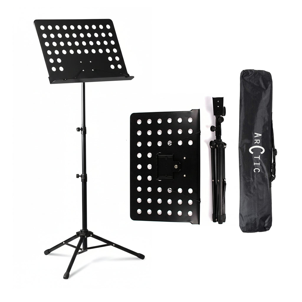 Black music stand with carrying bag on a white background