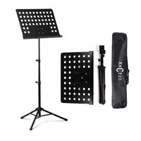 Black music stand with carrying bag on a white background