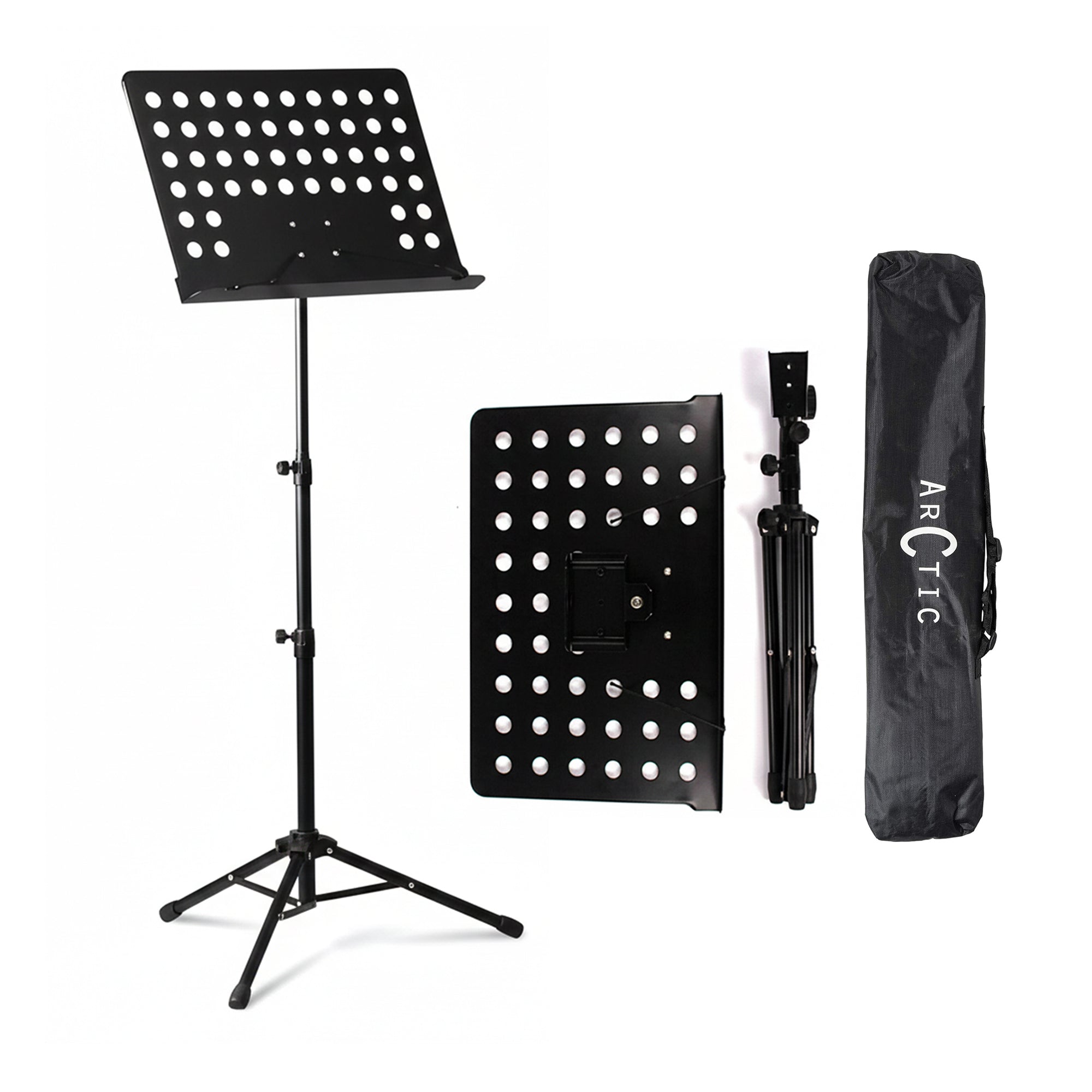 Black music stand with carrying bag on a white background