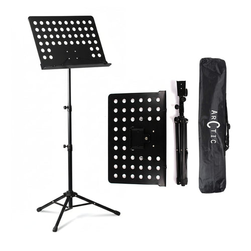 Black music stand with carrying bag on a white background