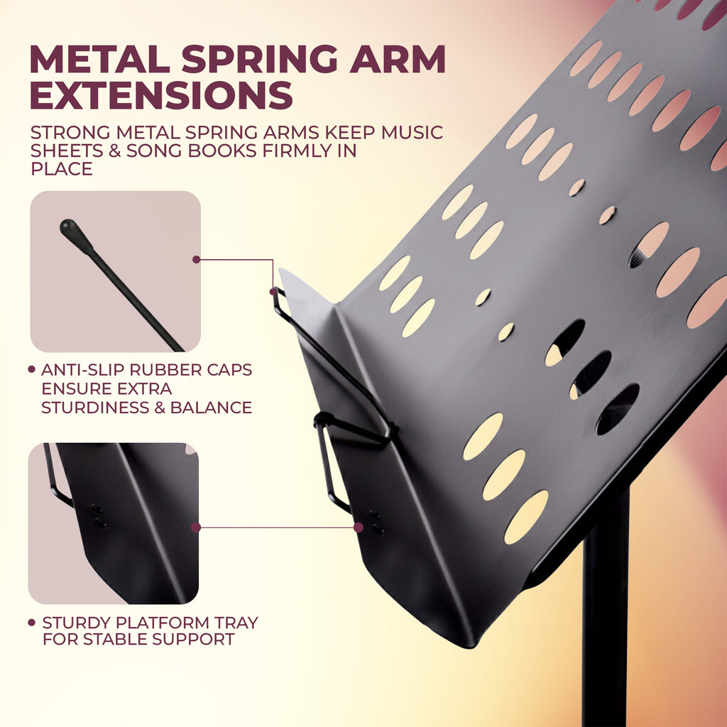 Metal music stand with features highlighted on a gradient background