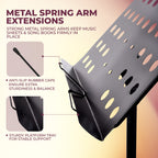 Metal music stand with features highlighted on a gradient background
