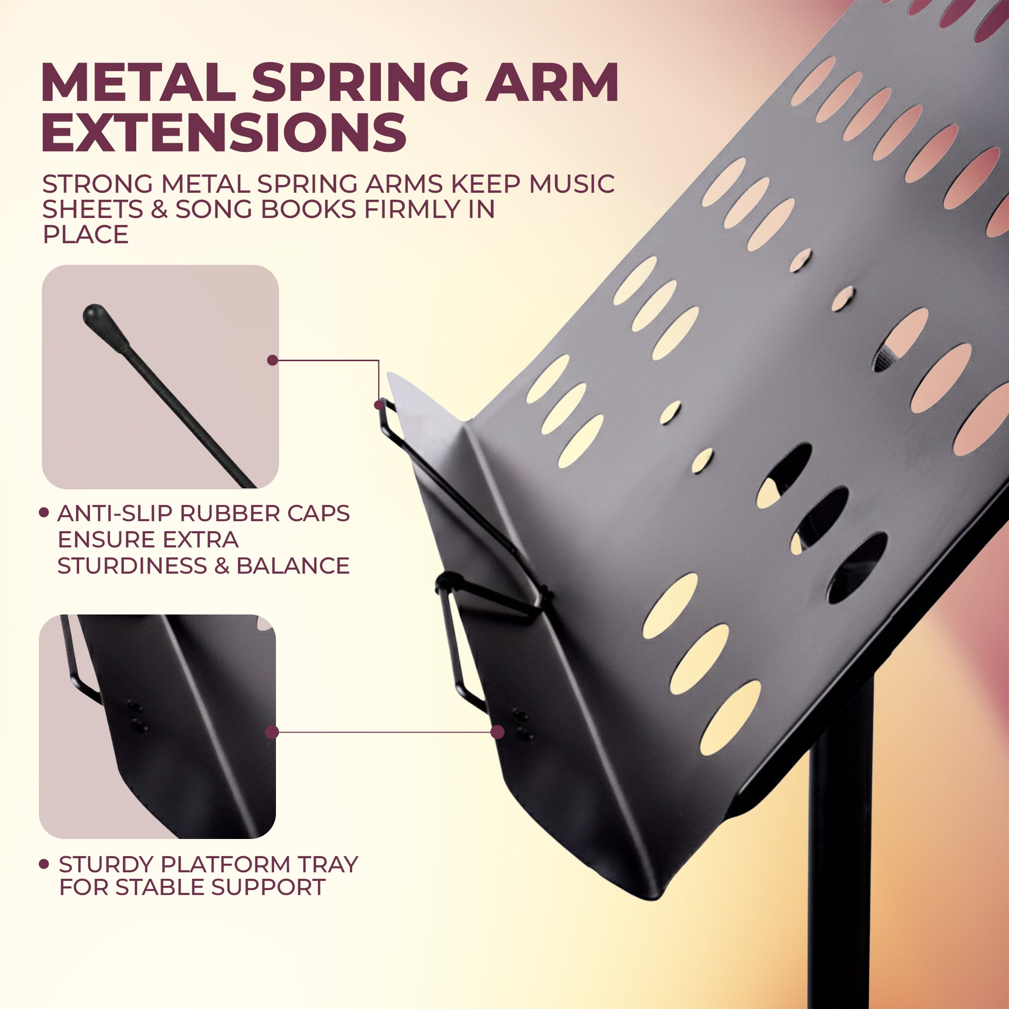Metal music stand with features highlighted on a gradient background