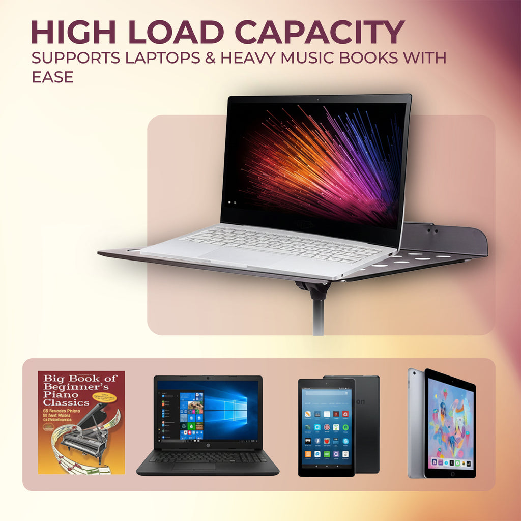 Laptop stand with laptop, tablet, and books on a gradient background