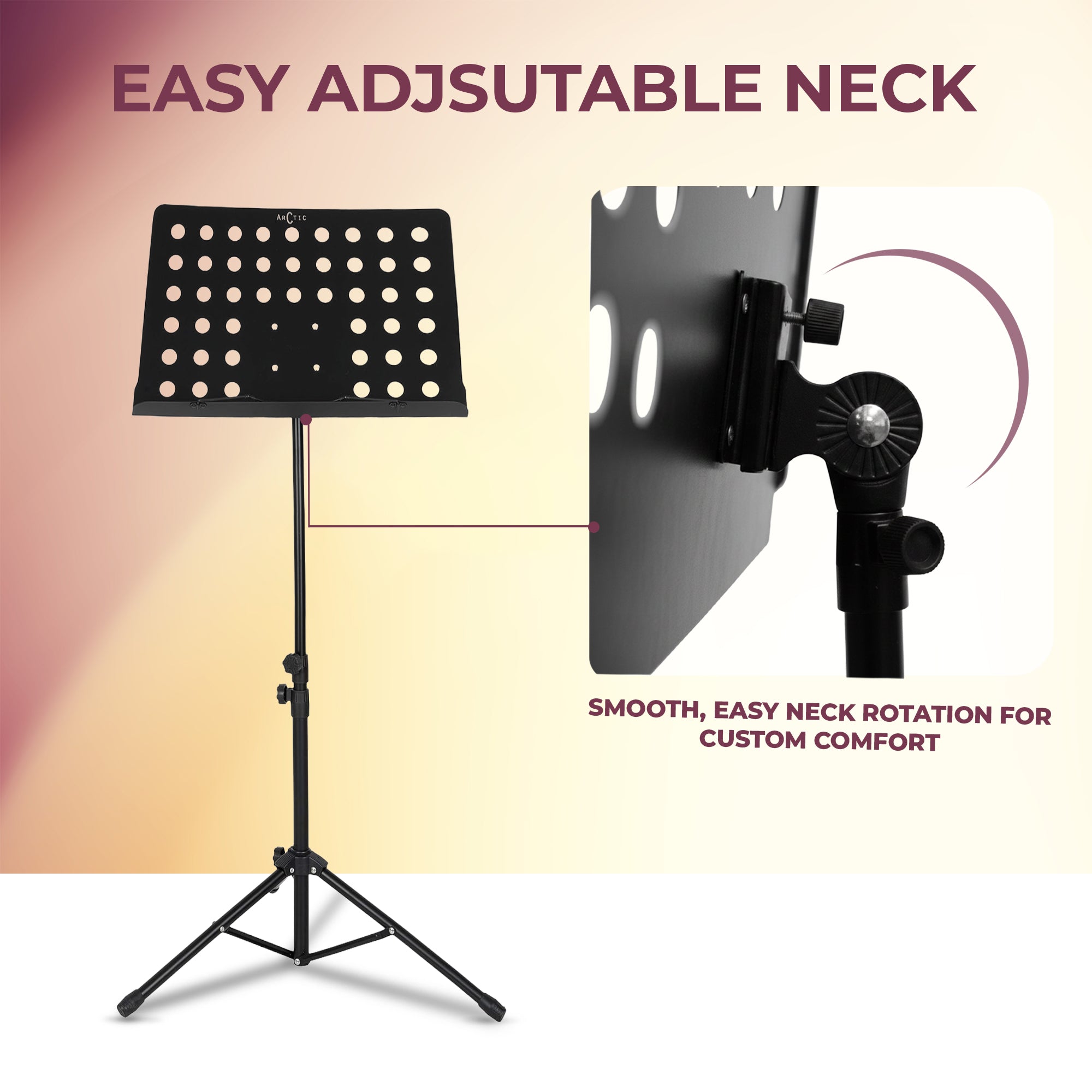 Music stand with adjustable neck feature on a gradient background