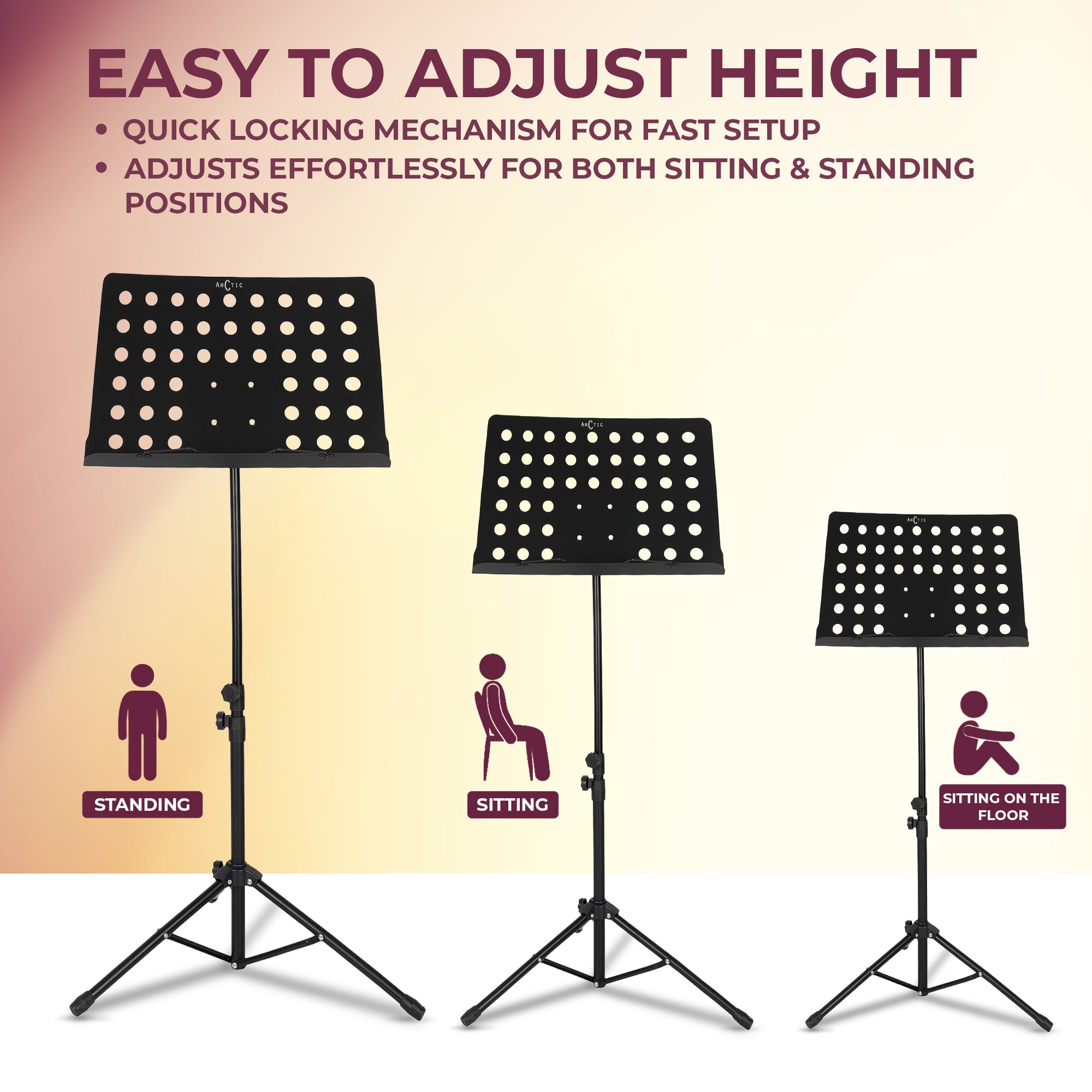 Black music stand with adjustable height features on a beige background
