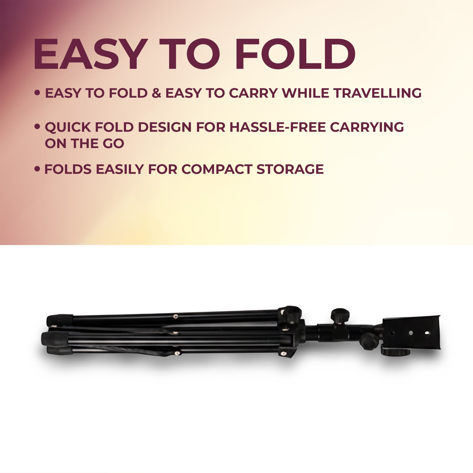 Folding tripod with text on a gradient background