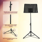 Black music stand with height adjustment mechanism, reinforced steel tubing, and anti-slip rubber points on a gradient background.